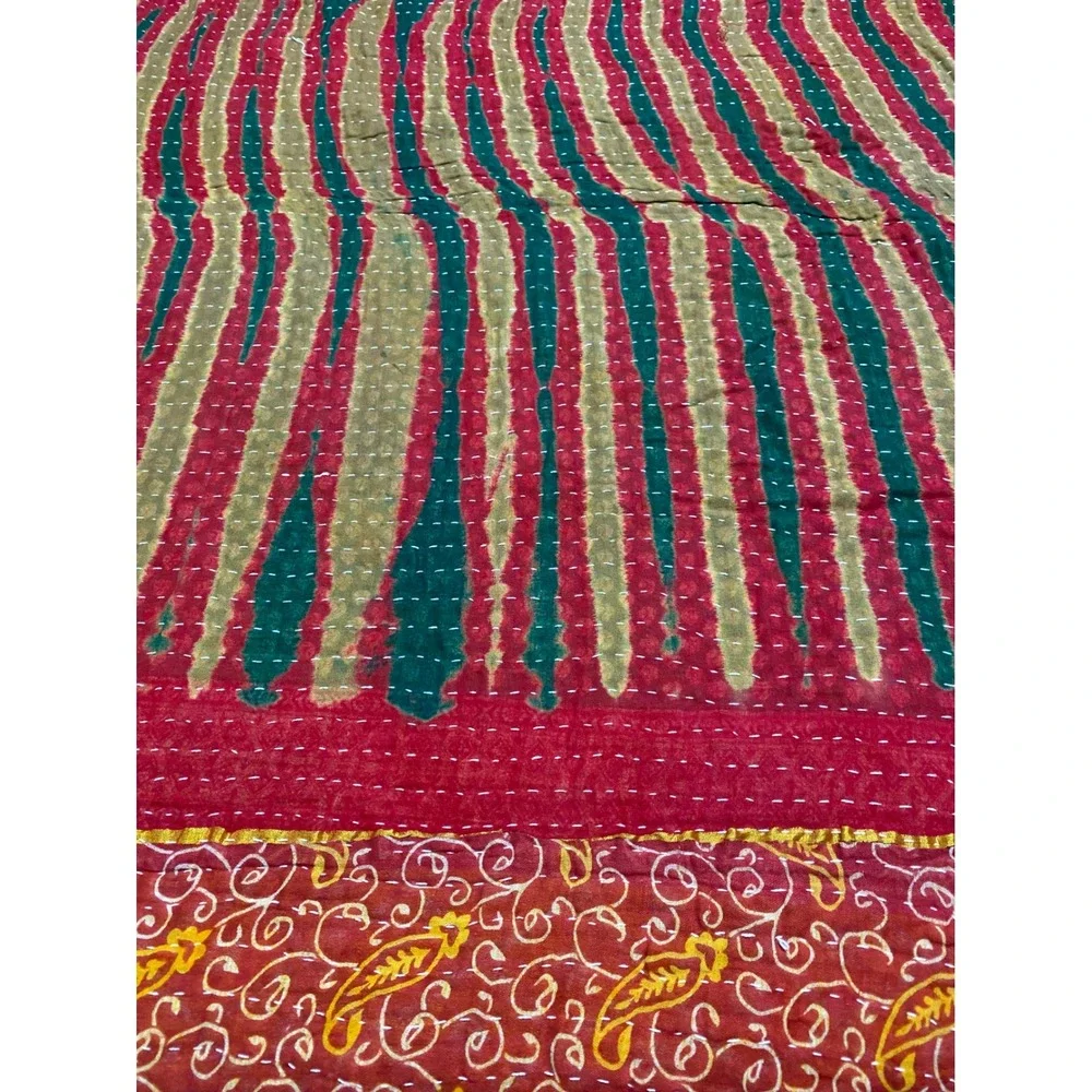 Kantha Quilt Reversible Hand Stitched Cotton Patchwork Throw Blanket Red Boho